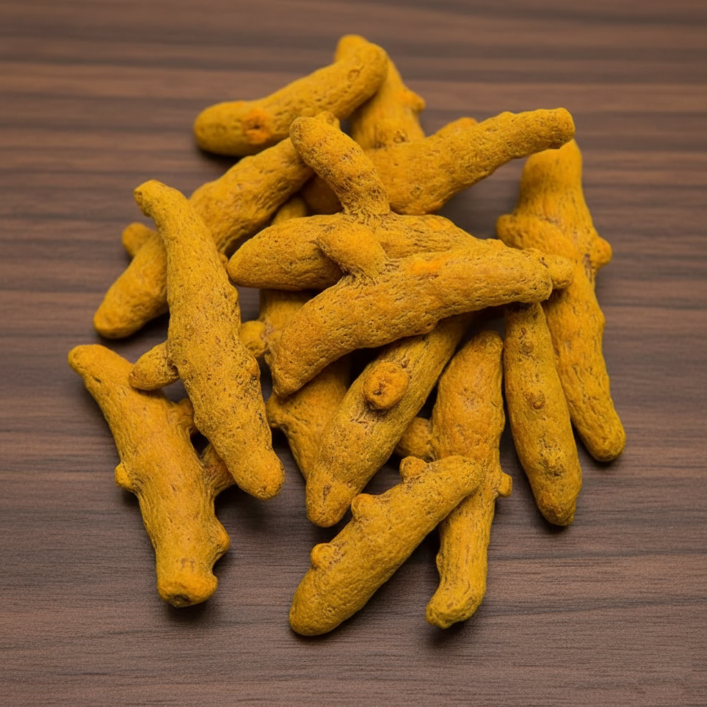 Vibrant double-polished finger turmeric, a staple spice known for its use in culinary and medicinal applications, arranged on a rustic wooden surface.