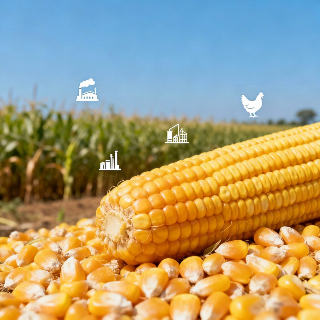 Close-up of golden yellow maize grains with Indian farmland and icons representing food processing, poultry feed, and industrial applications.